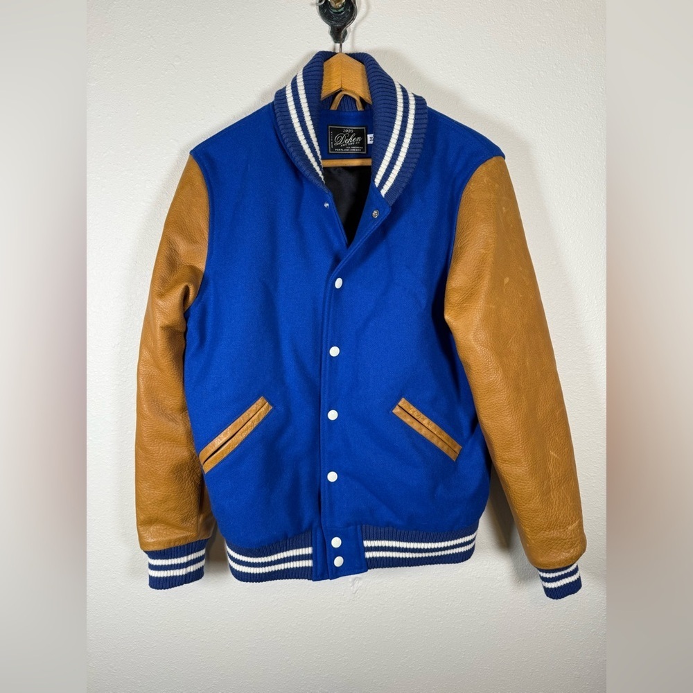 Dehen 1920 Blue And Brown Varsity Jacket Wool And Leather Medium $695 Retail - Picture 2 of 11